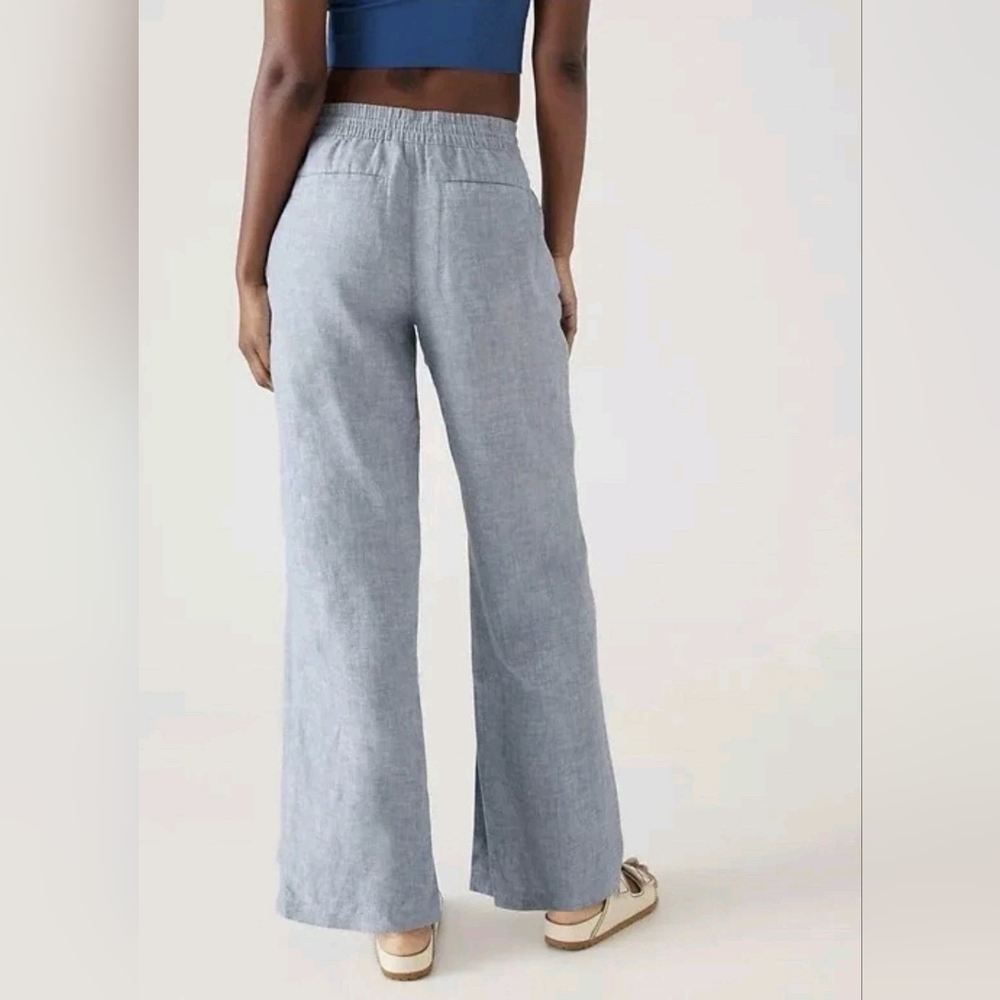 ATHLETA 100% LINEN Chambray Blue RETREAT Slit WIDE LEG Pants Sz 14 - Picture 3 of 16